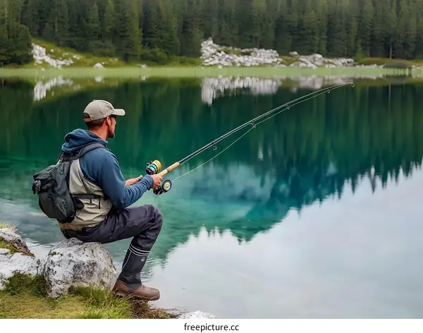 Man Fishing on a Calm Mountain Lake