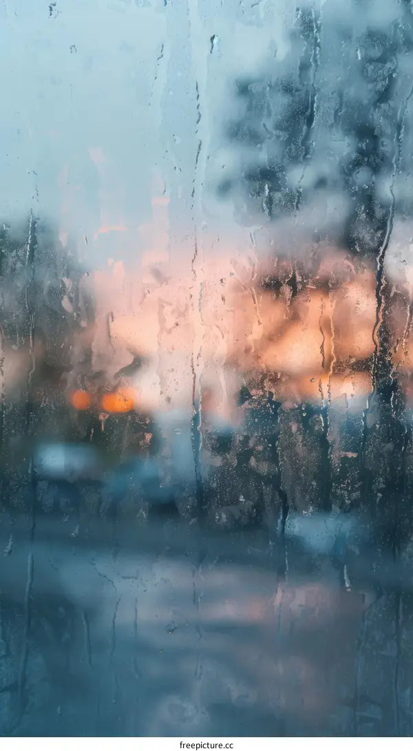 Raindrops on window with blurry city lights in the background