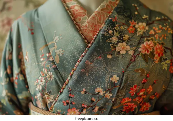 A kimono with delicate embroidery of flowers and birds