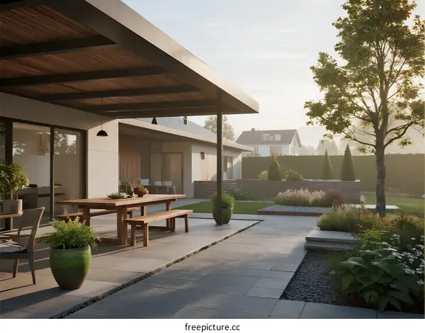 Modern House Exterior with Spacious Outdoor Patio and Greenery
