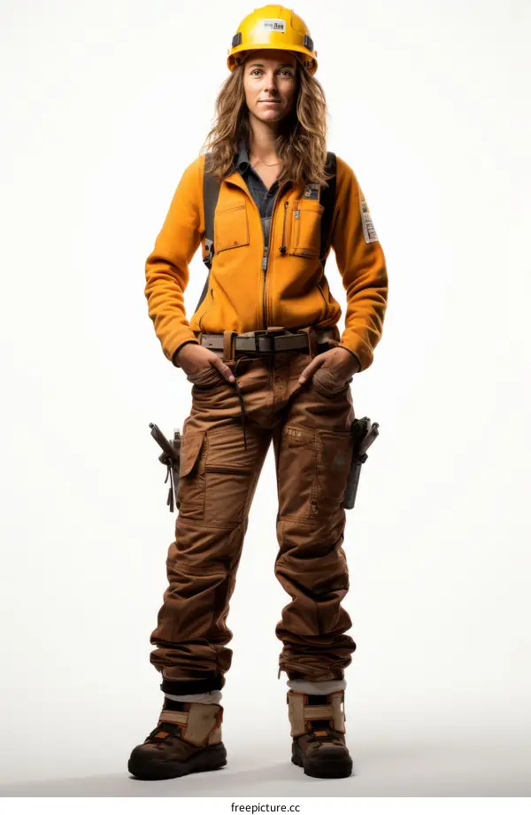 Portrait of a female construction worker wearing a hard hat and safety gear