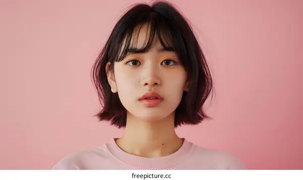 Portrait of a Young Woman with Short Hair and a Pink Background