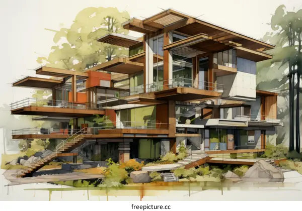 Artistic painting of a mid-century modern house