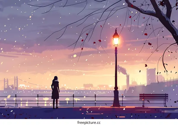 Lonely Woman Standing By A Street Light Watching The Sunset