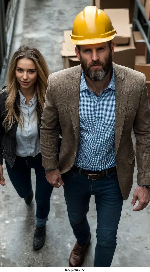 Two Caucasian People Walking Outdoors in a Warehouse