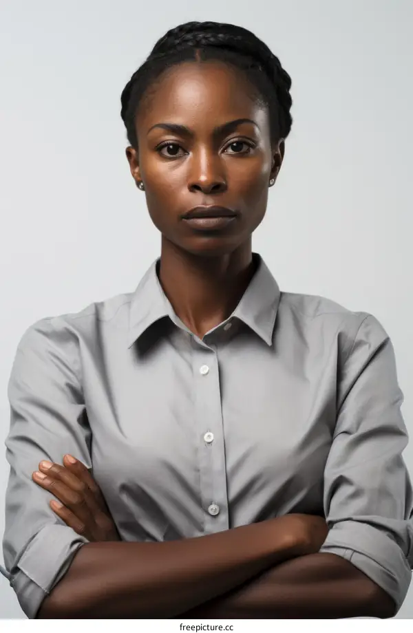 Portrait of a young African American woman in a gray shirt