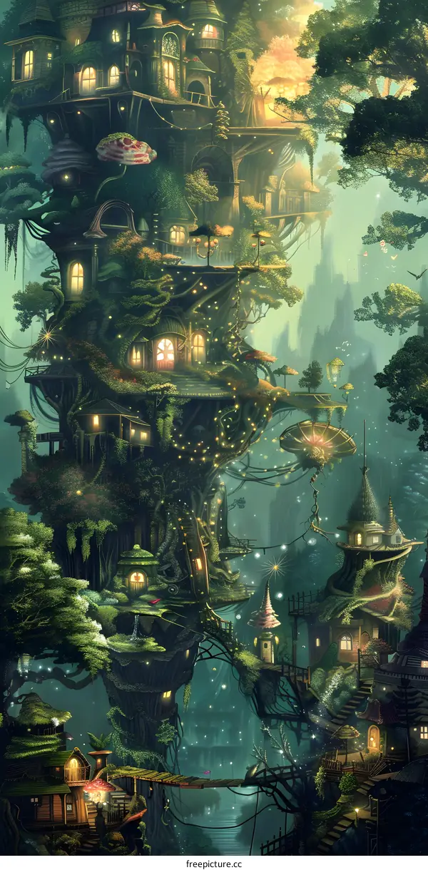 Fantasy Treehouse Village in a Lush Forest