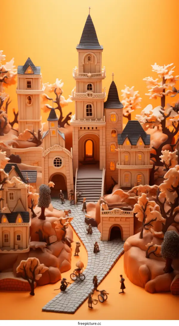 A miniature European-style town with people walking around