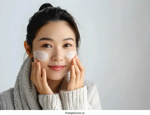 Asian Woman Applying Face Cream Moisturizer on Skin