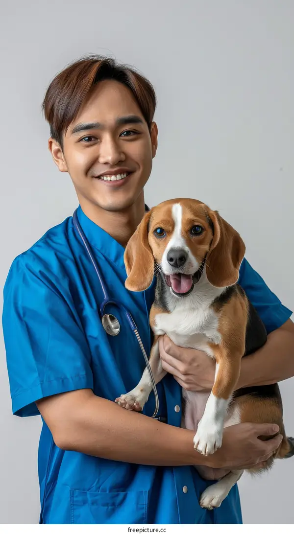 Asian male veterinarian holding a beagle dog