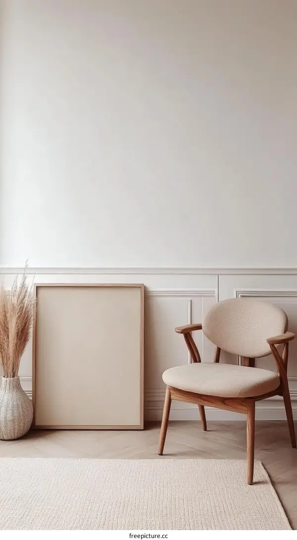 Modern Beige Interior with Empty Frame and Chair