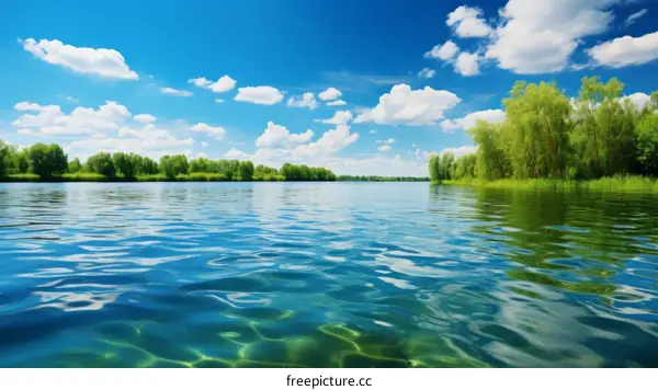 Beautiful lake with green trees and blue sky