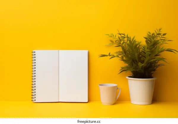 An open notebook and a potted plant on a yellow background