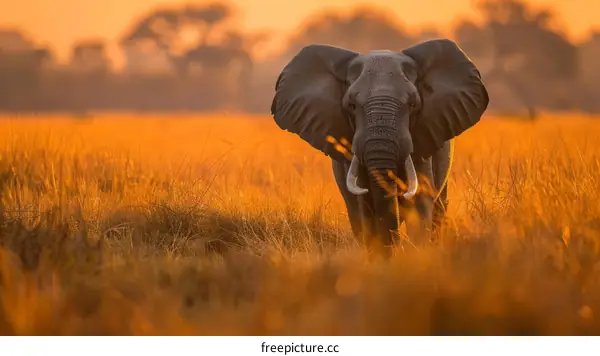 Elephant walking through the tall grass at sunset