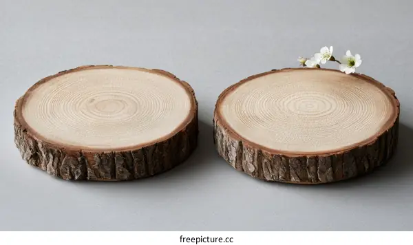 Two Wooden Slice Decorations on Gray Background