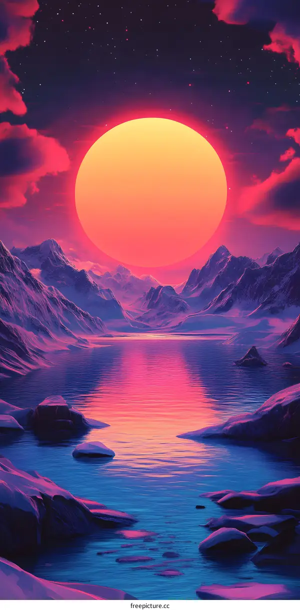 Mountain Landscape with Pink Sunset and Large Orange Sun