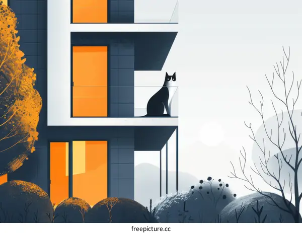 A black cat is sitting on the balcony of a residential building