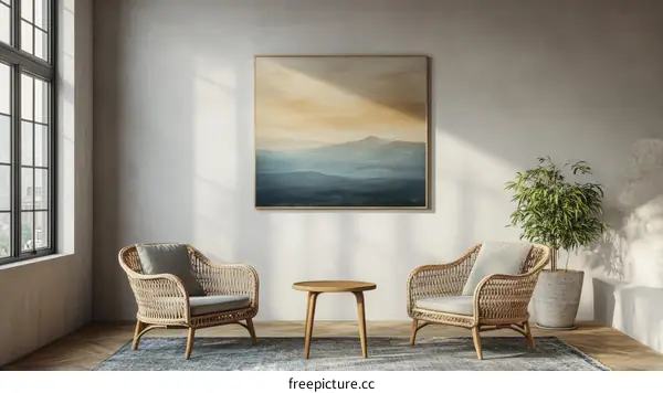 Modern Minimalist Living Room with Abstract Mountain Painting
