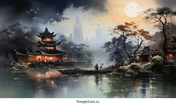 Tranquil Oriental Lake Landscape with Buildings and Boat