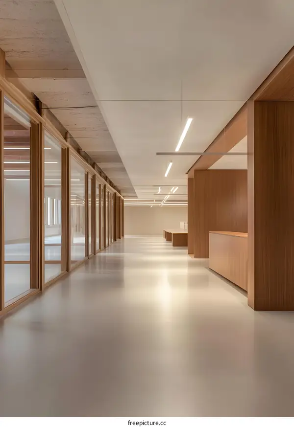 Modern Office Hallway with Wood Paneling and Glass Doors
