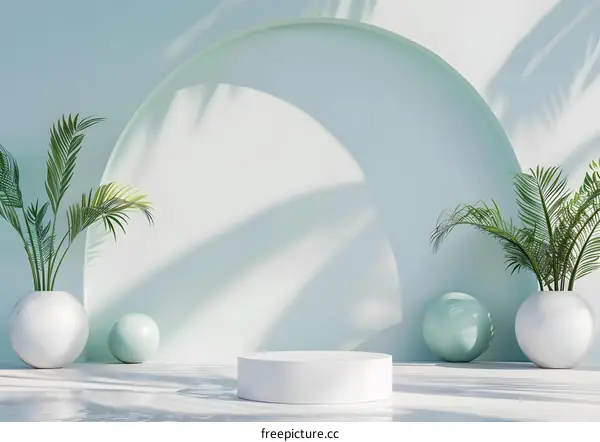 Minimalist White Product Display Stand with Green Plants and Light