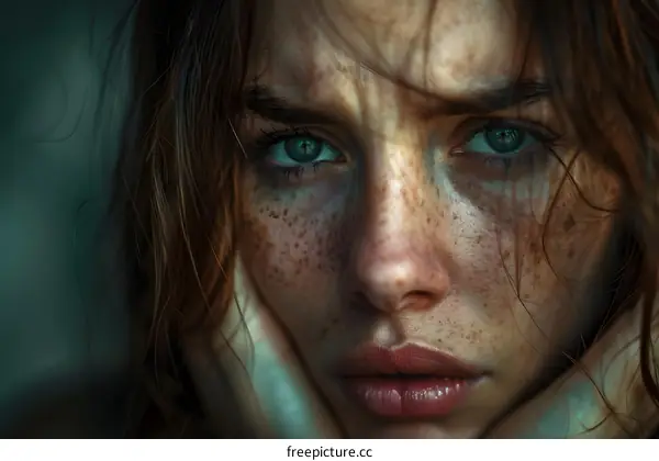 Portrait of a young woman with freckles on her face
