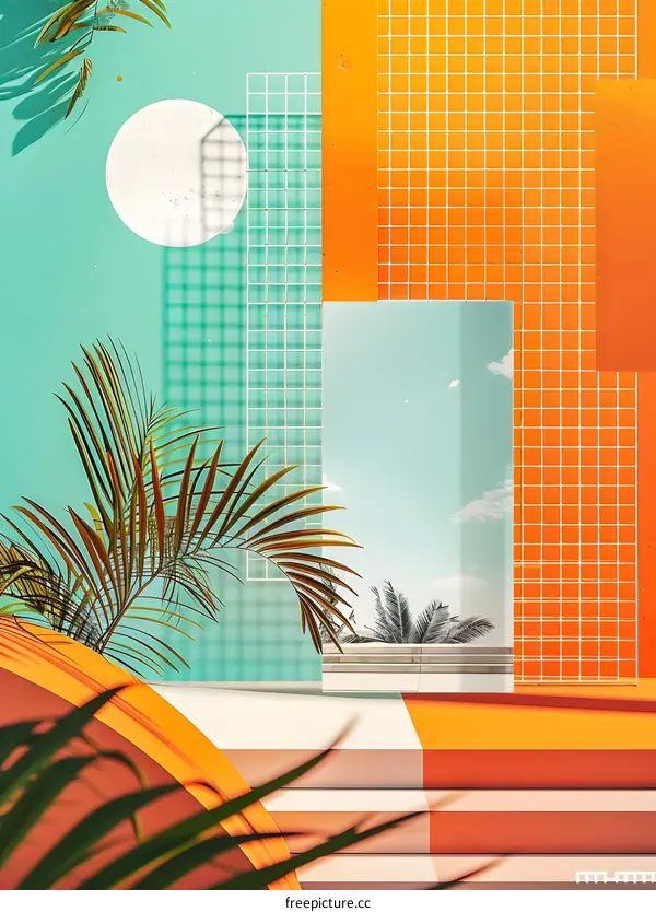 Summer Abstract Background with Palm Trees and Colorful Geometric Shapes