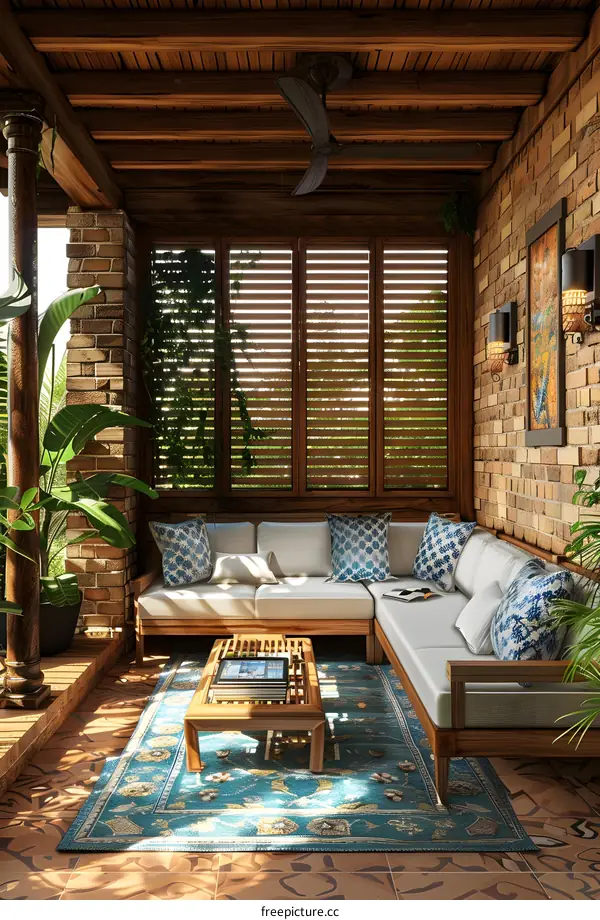 A cozy living space with a mix of modern and rustic elements