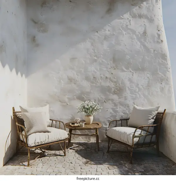 Two Wicker Chairs with Cushions and a Table on a Patio with White Walls
