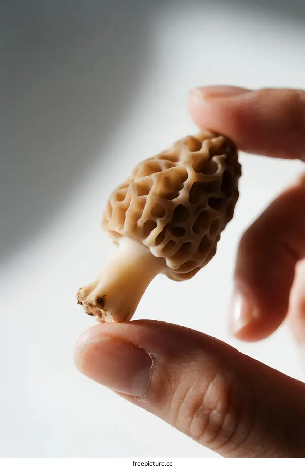 A Hand Holding a Fresh Morel Mushroom with Textured Surface