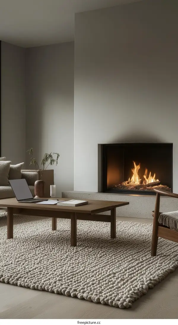Modern Beige Knitted Rug in a Living Room with Fireplace
