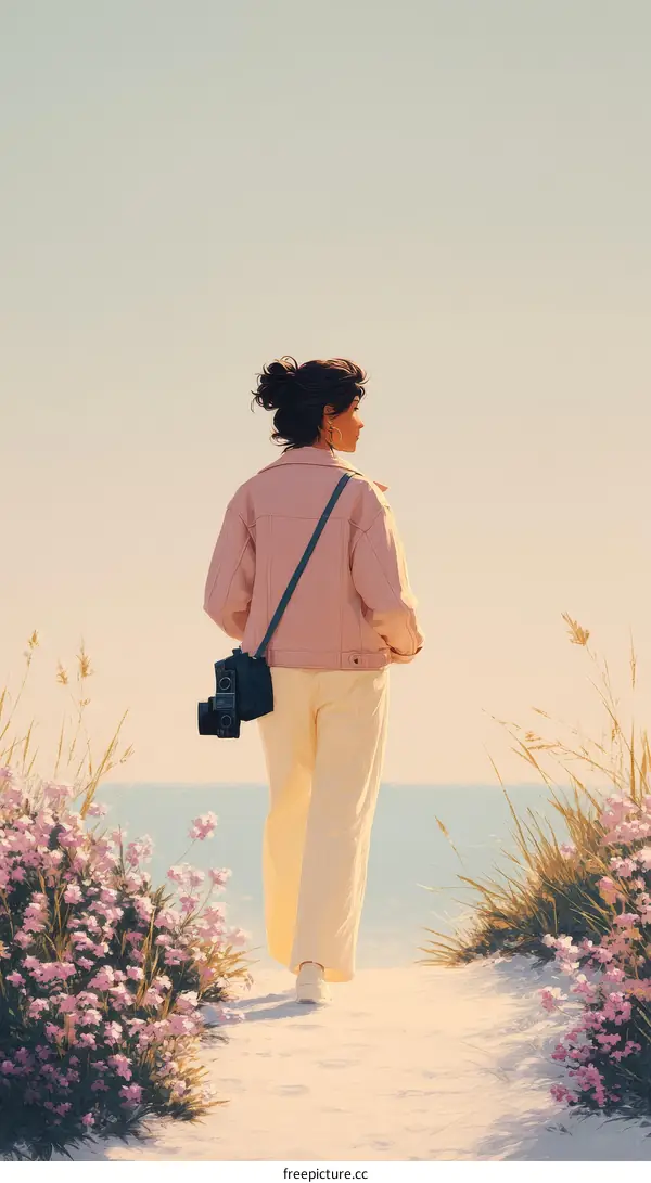 Woman Walking Along the Beach Path in Pastel Colors