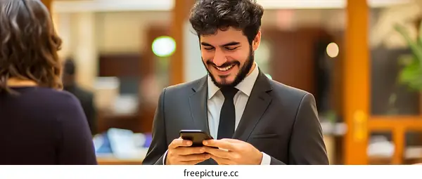 Smiling Businessman Checking His Phone In a Modern Office Setting