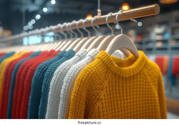 A variety of colorful sweaters hang on a clothing rack in a store.