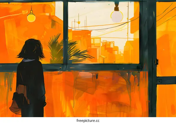 Woman in Silhouette Looking Out Window at Cityscape