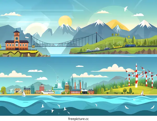 Cityscape with Mountains and Suspension Bridge