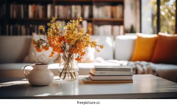 Orange Flowers in a Vase on a Table in a Living Room