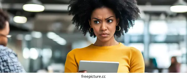 African American Woman Looking at Tablet in Office