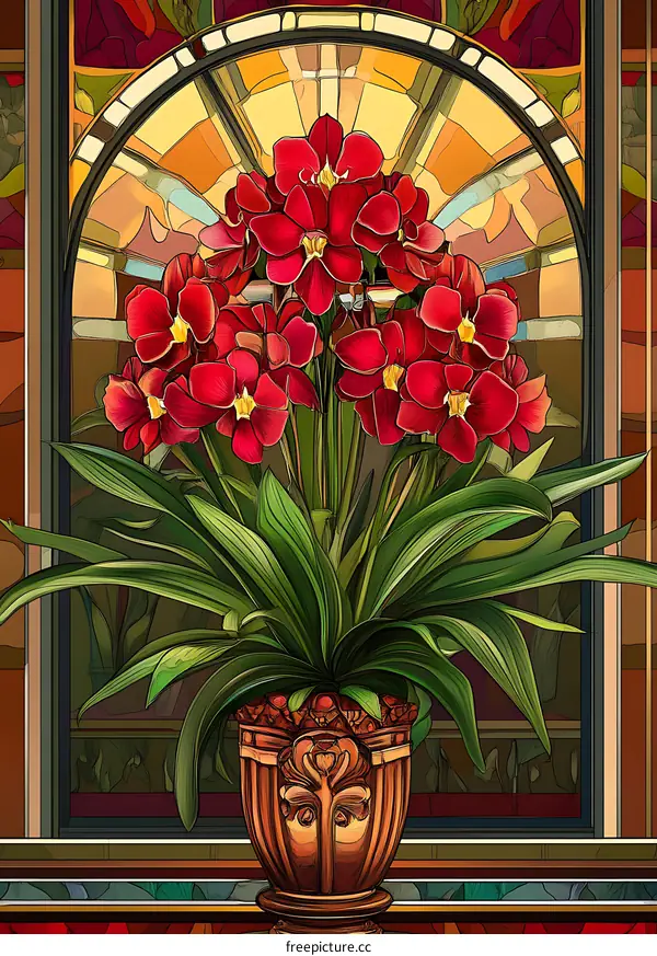 Red Flowers in a Pot Against a Stained Glass Window