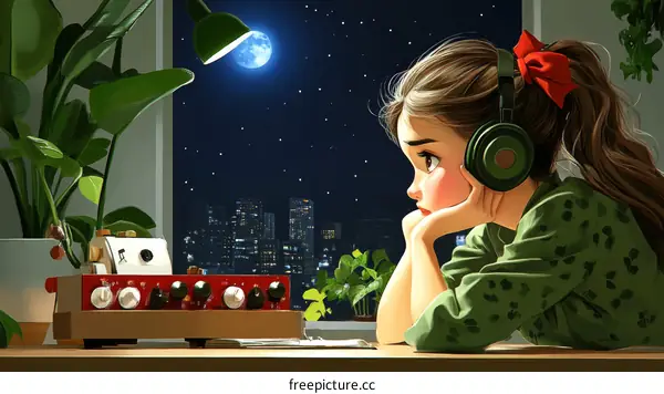 A Girl with Headphones at Night Listening to Music