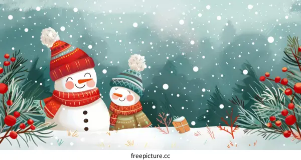 Two snowmen stand in a snowy forest with a present nearby