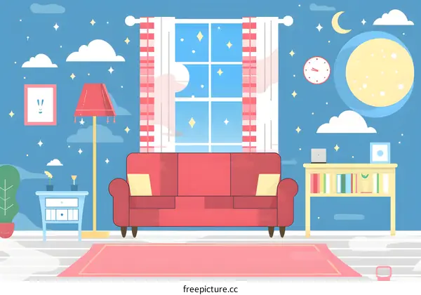 Nighttime Living Room Interior Design with a Red Sofa and a Window with Stars