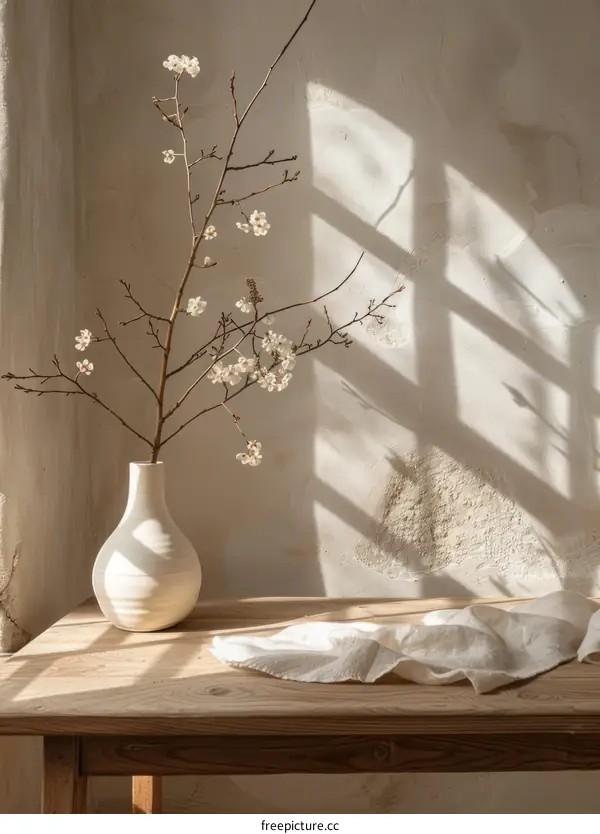 White Plum Blossoms in a Ceramic Vase on a Wooden Table
