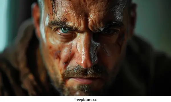 Close up Portrait of a Man with Scars and Dirt on His Face