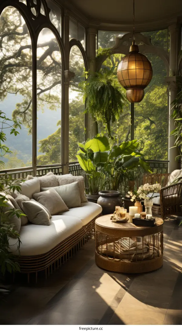 Modern Rattan Sunroom With Tropical Plants