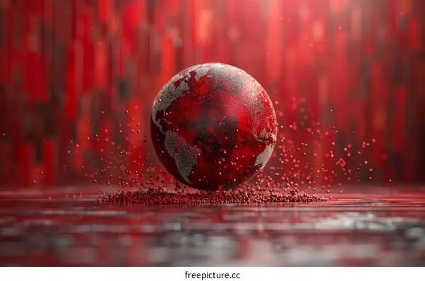 Red and silver earth globe with red particles