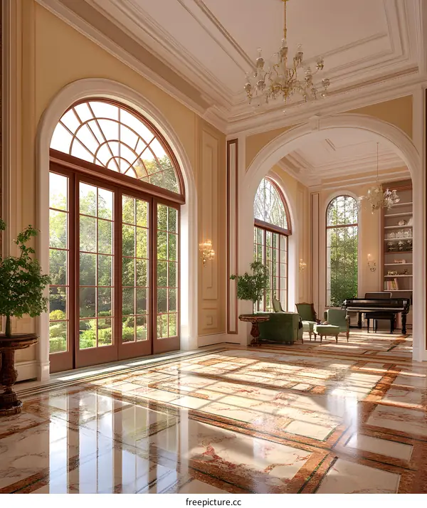 Elegant Interior Design with Arched Windows and Marble Floors
