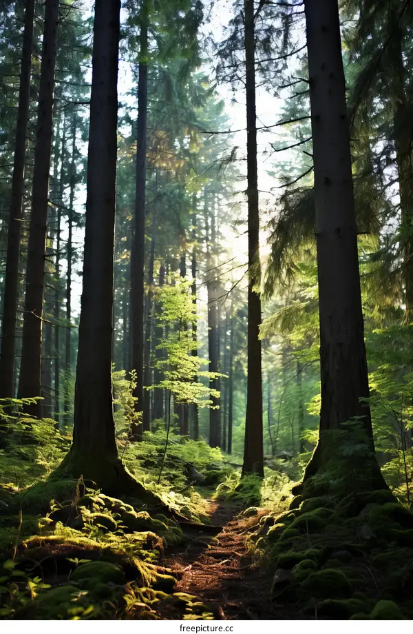 Sunlight Filters Through a Canopy of Tall Trees in a Dense Forest