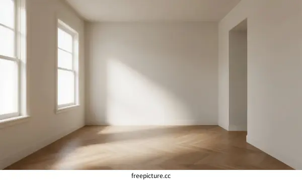 Empty room with white walls and wooden floor receiving natural light