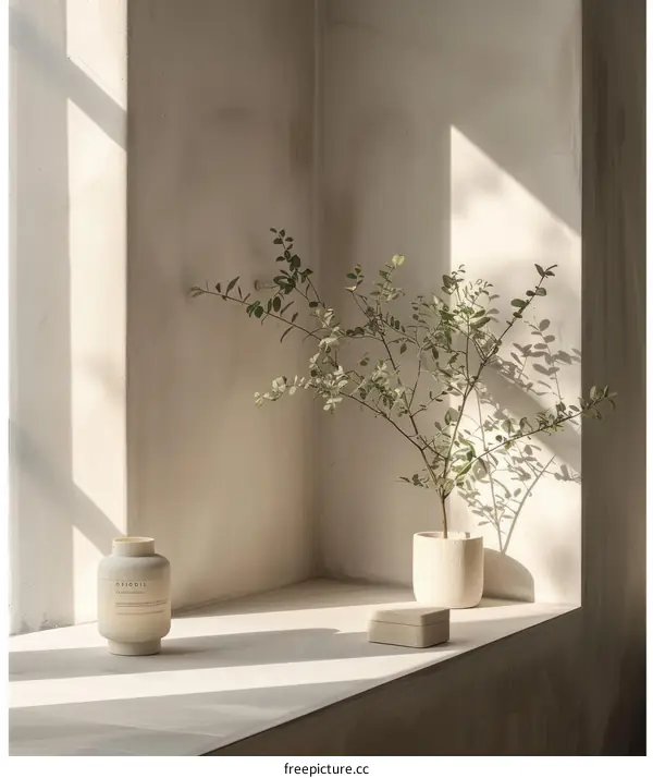 A ceramic vase and a plant on a window sill